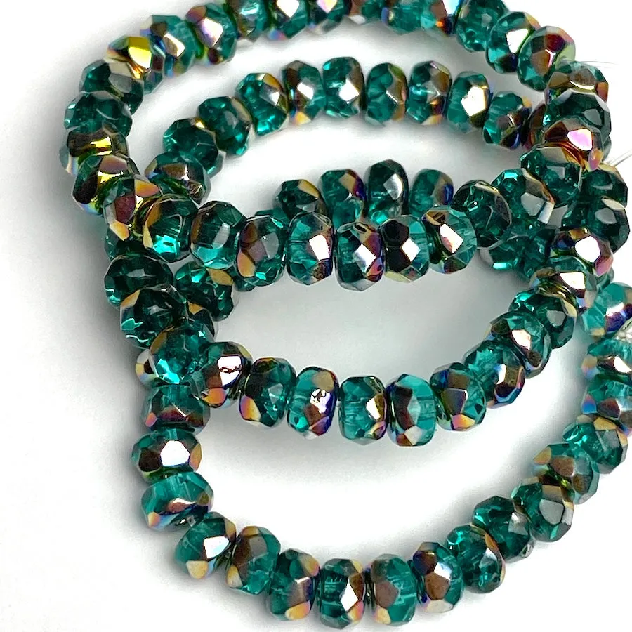 Emerald Czech Glass Fire-Polished Glass Beads, 4x5mm, 3.5" Strand of 30 Beads #L-790