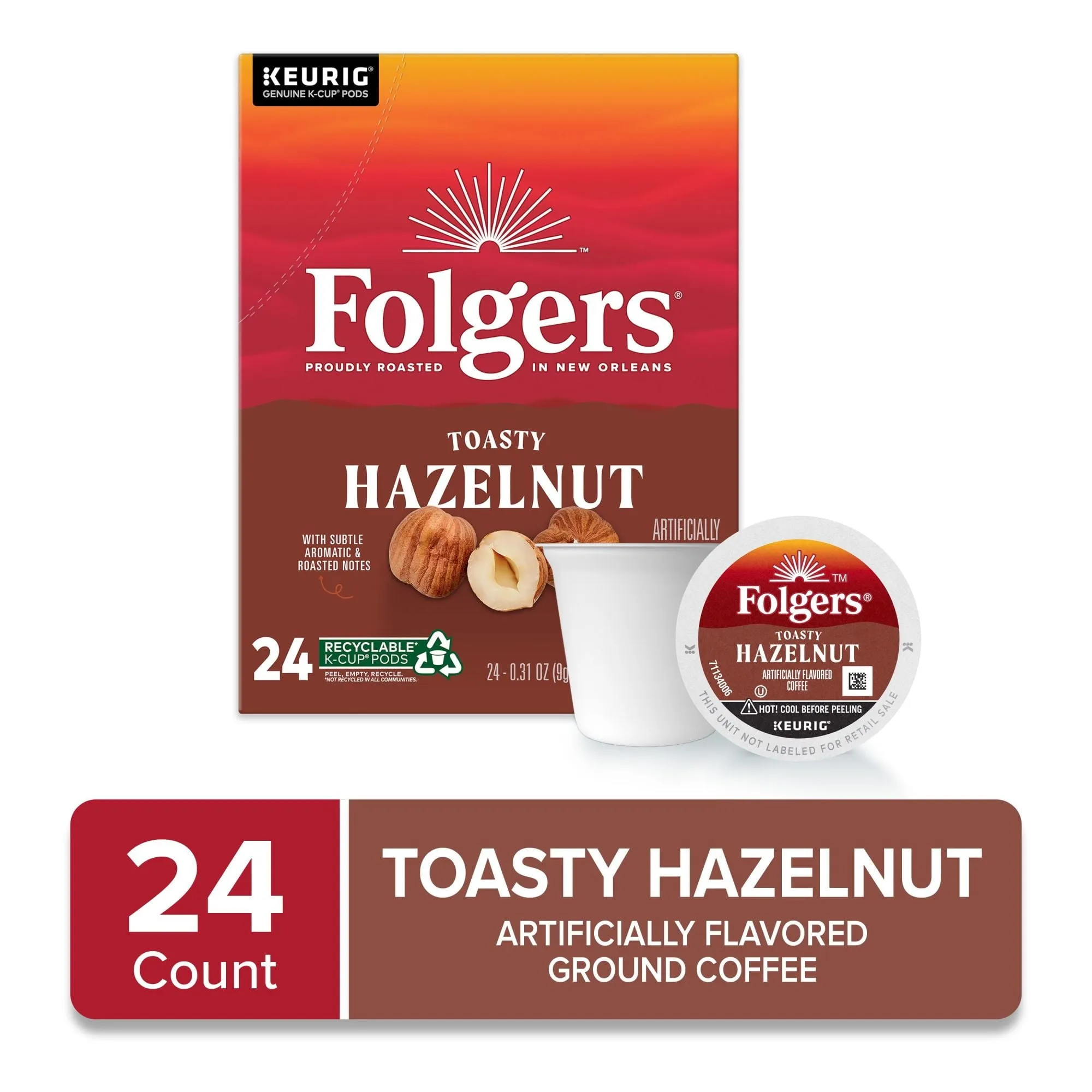 Folgers Toasty Hazelnut Artificially Flavored Coffee, Keurig K-Cups, 24 Count Box