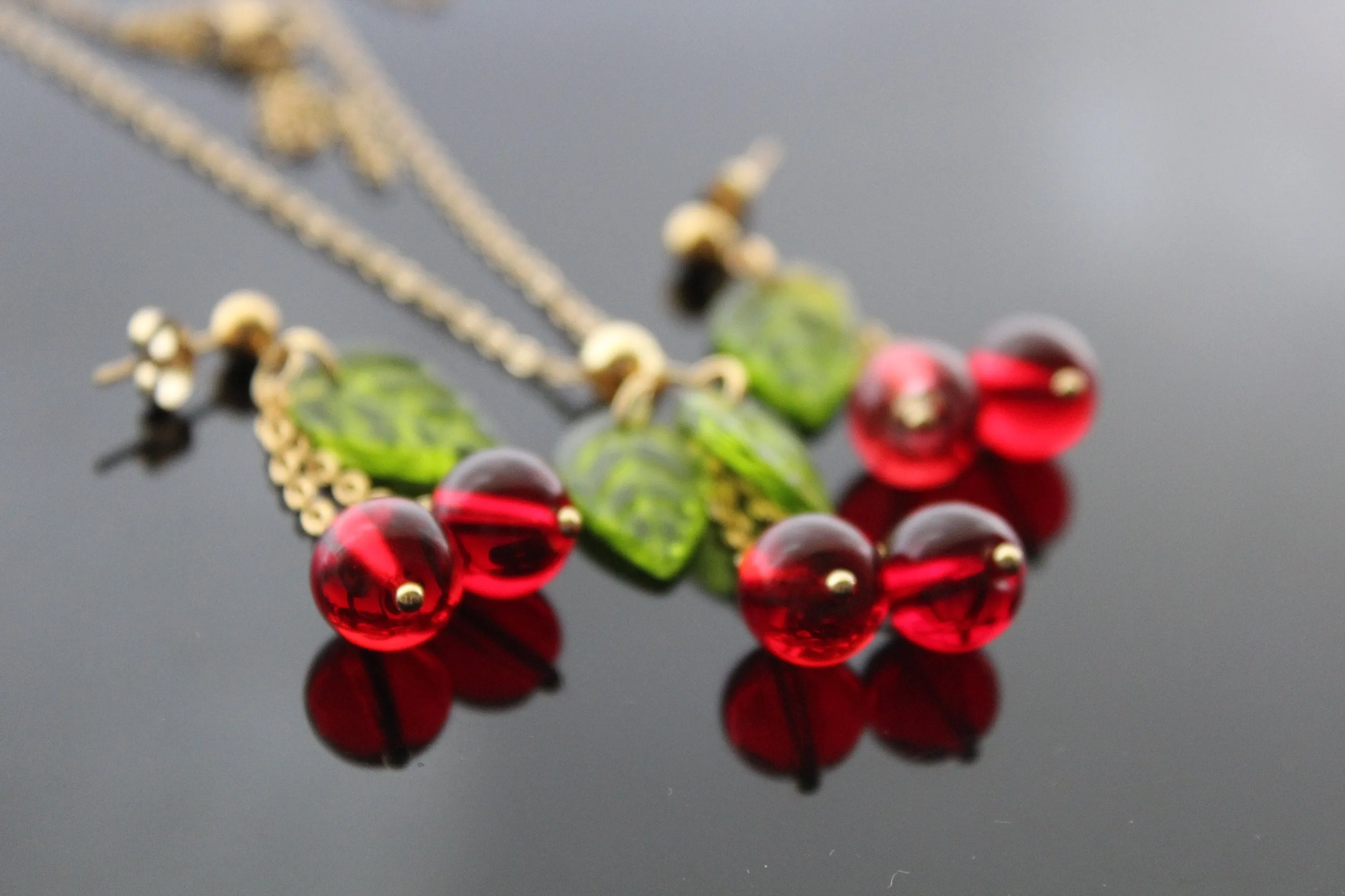 Glass cherry jewelry 18K with gold plated stainless steel parts