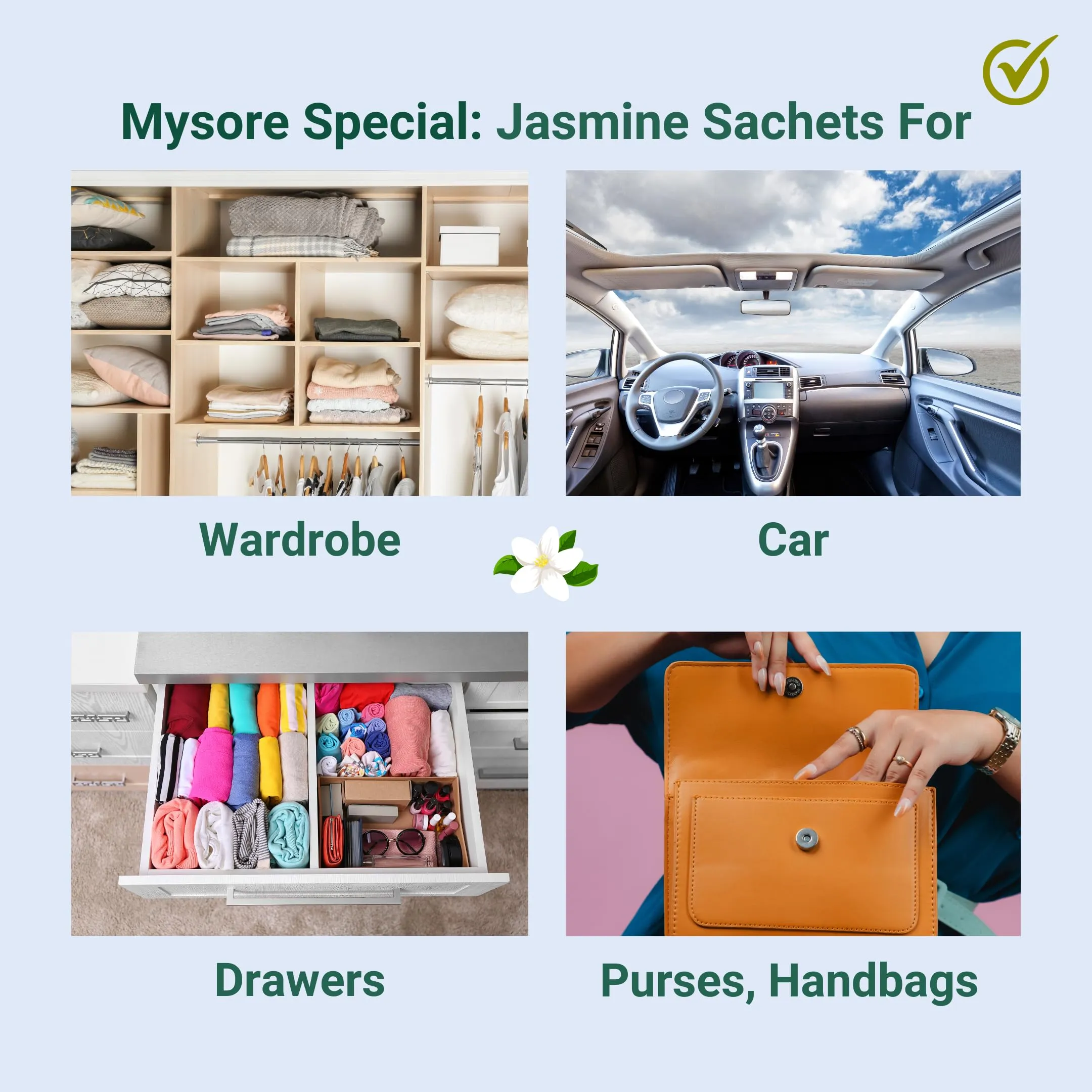 Mysore Jasmine Fragrance Sachets (6-Pack) -Eco-Friendly Cloth Pouch - Long-Lasting Freshness for Wardrobe, Closet, Drawers, and More