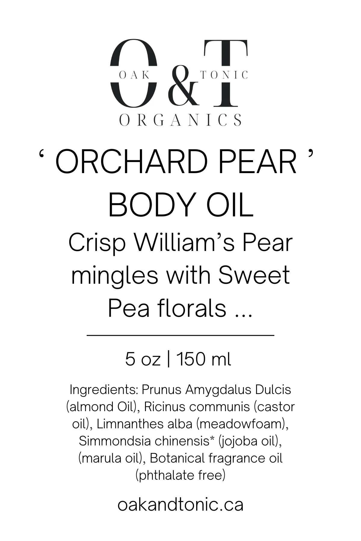 Oak & Tonic Organics | Orchard Pear Body Oil 150ml