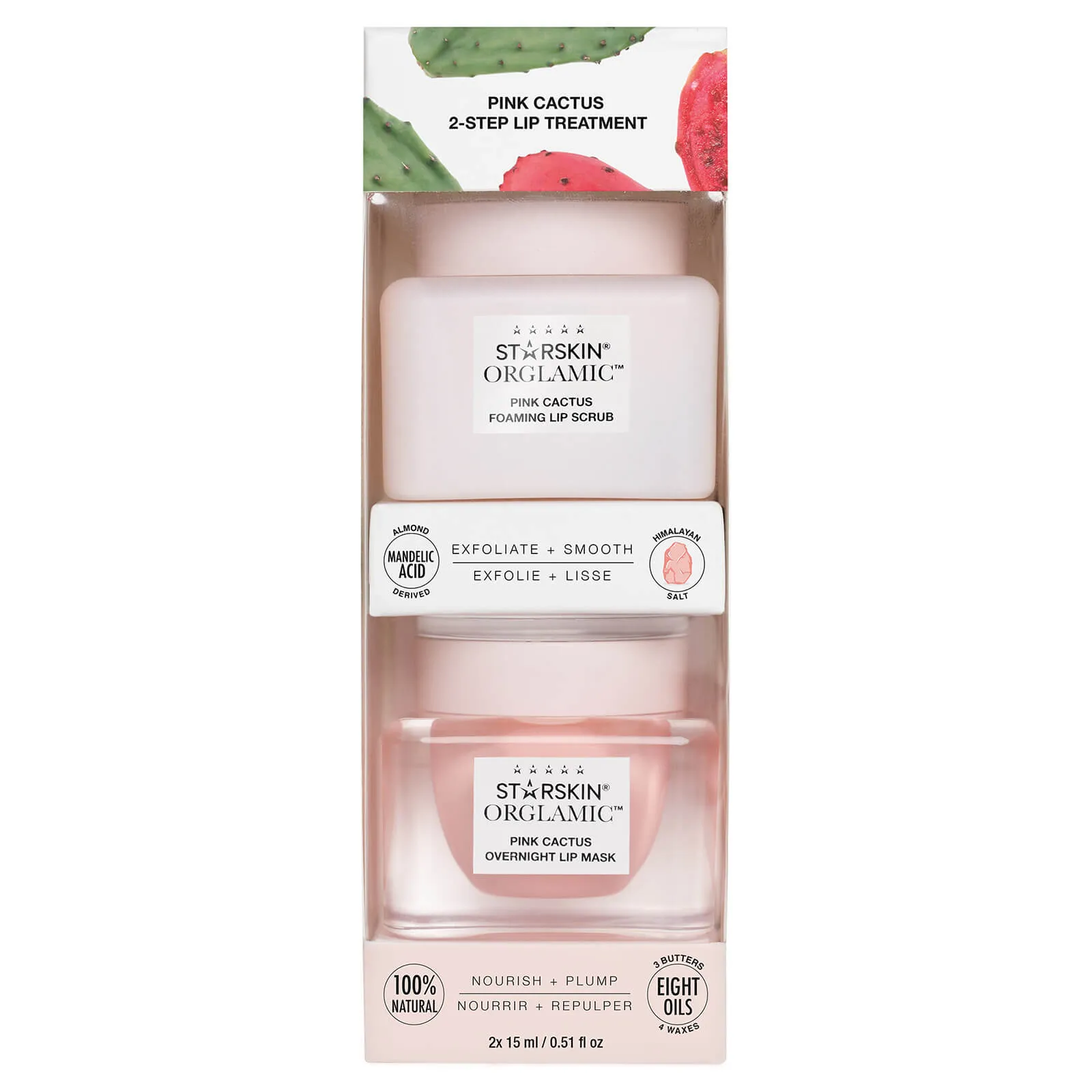 STARSKIN Orglamic Pink Cactus 2-Step Lip Treatment, Exfoliating Scrub & Nourishing Mask